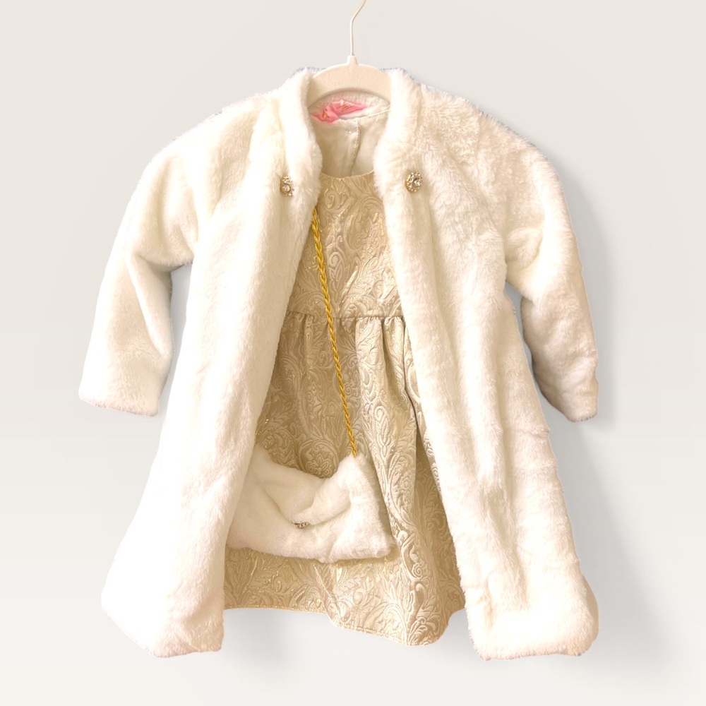 FAO Schwarz Faux Fur Girls Coat with Matching Dress and Hand Muff Set